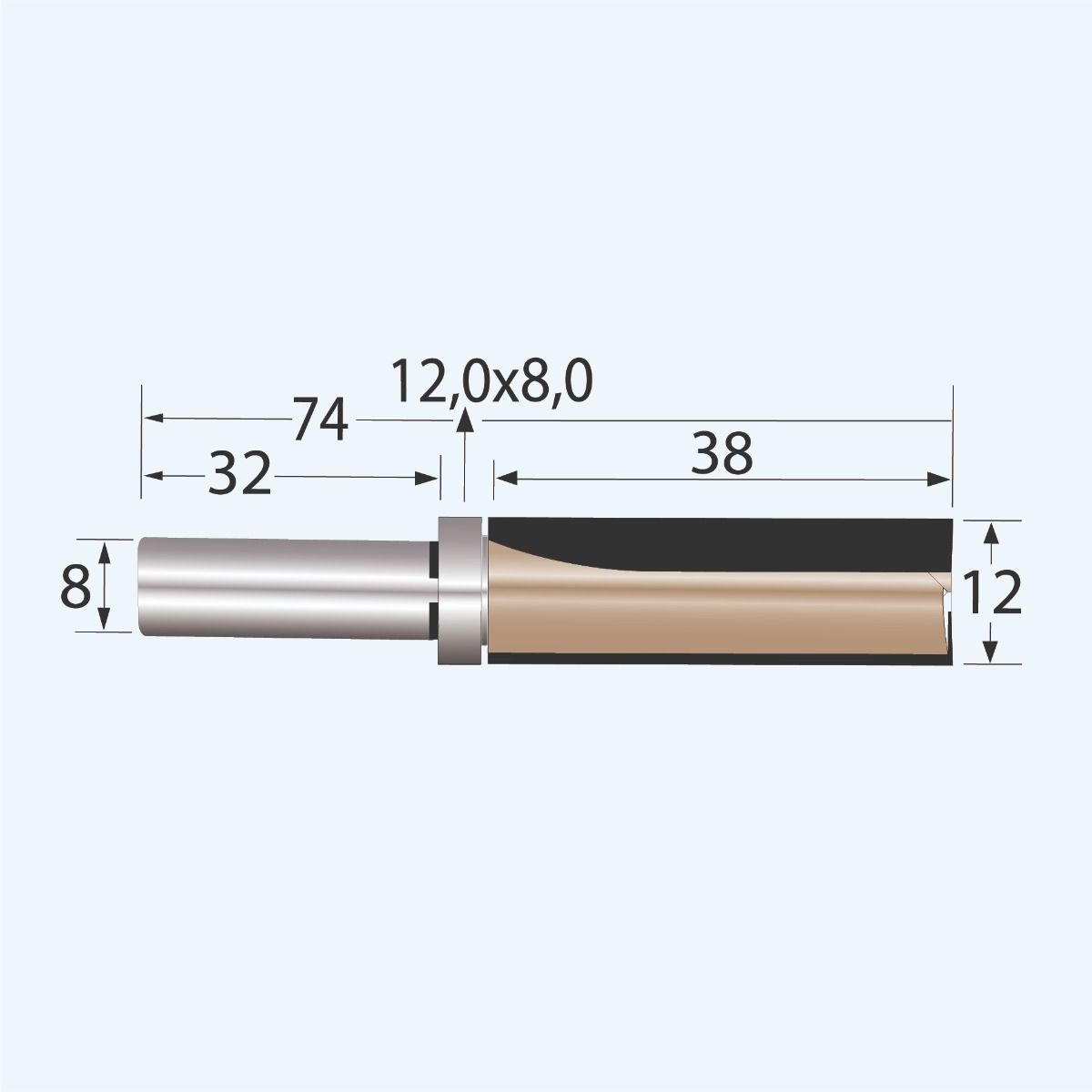 HM kantenfrees Industrial 12,7 x 38 mm met bovenlager