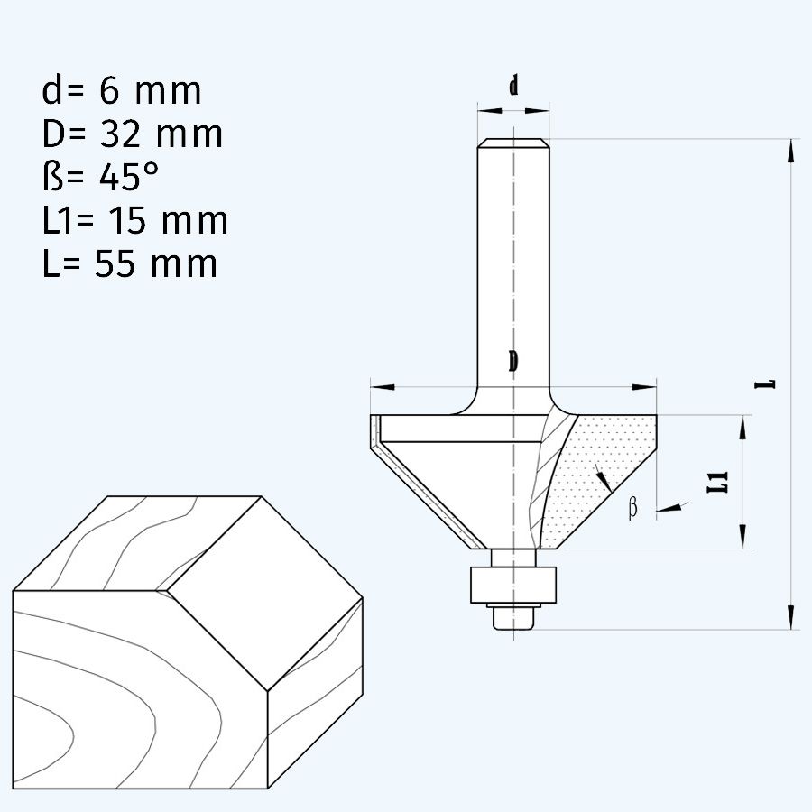 HM fasefrees 32 mm 45° / 6 mm schacht