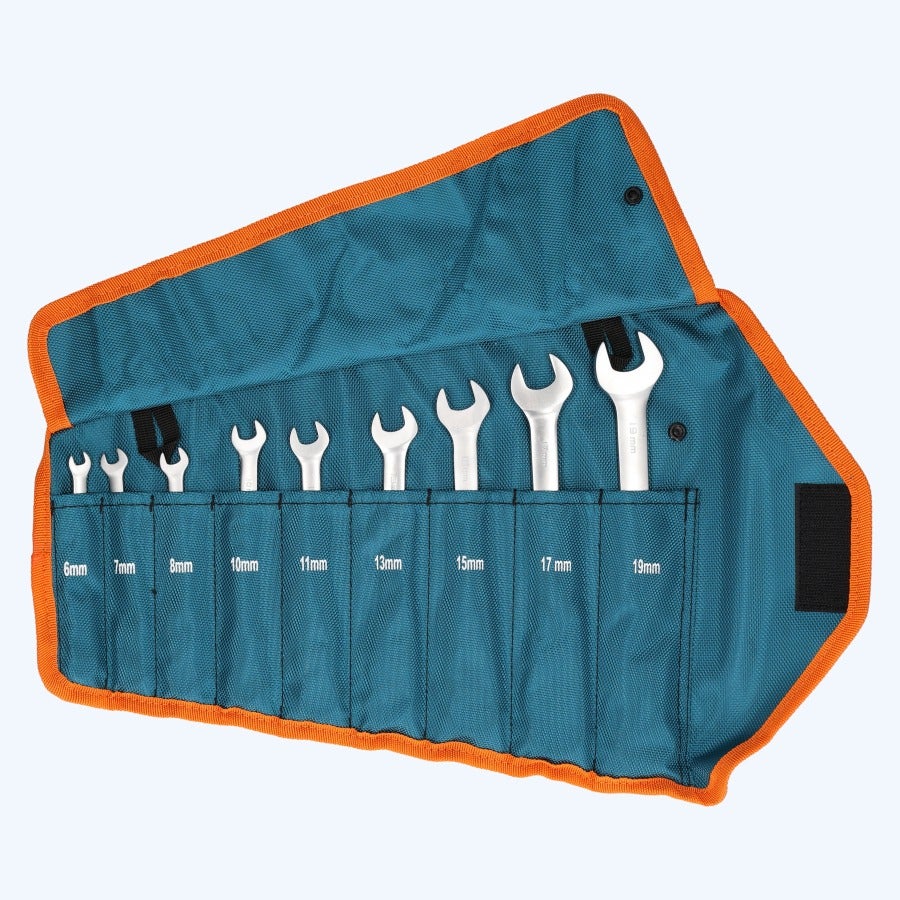 9-delige ringratel-steeksleutelset met kantelbare kop 9-delige ringratel-steeksleutelset met kantelbare kop