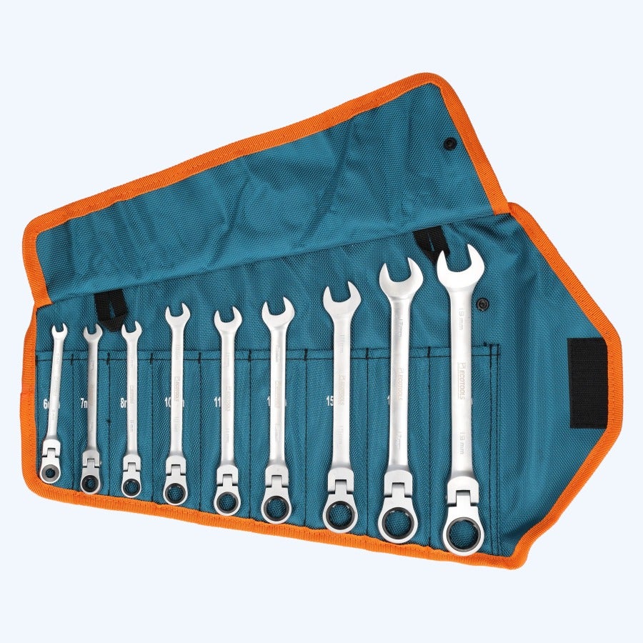 9-delige ringratel-steeksleutelset met kantelbare kop 9-delige ringratel-steeksleutelset met kantelbare kop