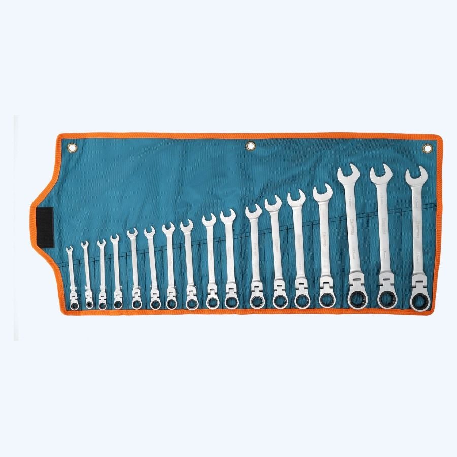 17-delige ringratel-steeksleutelset met kantelbare kop