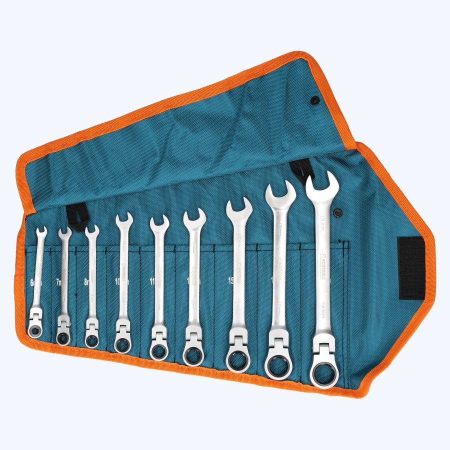 9-delige ringratel-steeksleutelset met kantelbare kop